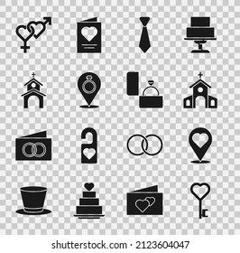 Set Key in heart shape, Location with, Church building, Tie, Wedding rings, Gender and Diamond engagement icon. Vector