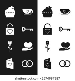 Set Key in heart shape, Lock and, Wedding cake with, Coffee cup, Flower rose, Heart hand, rings and Valentines day flyer icon. Vector