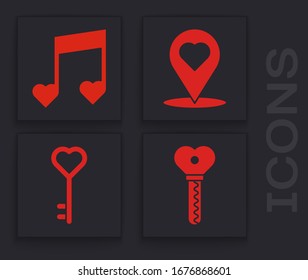 Set Key in heart shape, Music note, tone with hearts, Map pointer with heart and Key in heart shape icon. Vector