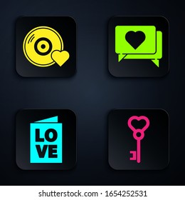 Set Key in heart shape, Romantic music, Valentines day party flyer and Like and heart. Black square button. Vector