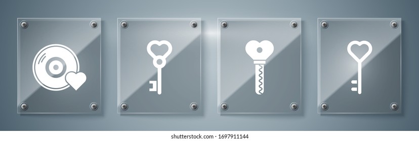 Set Key in heart shape, Key in heart shape, Key in heart shape and Romantic music. Square glass panels. Vector