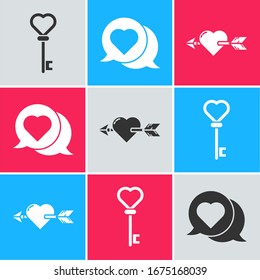 Set Key in heart shape, Heart in speech bubble and Amour with heart and arrow icon. Vector