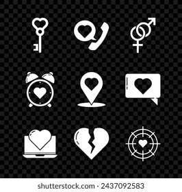 Set Key in heart shape, Telephone with speech bubble, Gender, Laptop, Broken or divorce, Heart the center of darts target aim, alarm clock and Map pointer icon. Vector