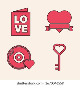 Set Key in heart shape, Valentines day party flyer, Heart and ribbon and Romantic music icon. Vector