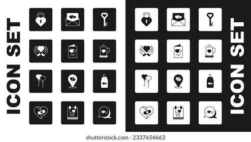 Set Key in heart shape, Valentines day flyer, Heart hand, Castle the of, Coffee cup, Envelope with, Please do not disturb and Balloons form icon. Vector