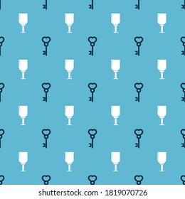 Set Key in heart shape and Wine glass on seamless pattern. Vector