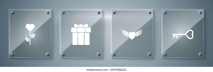 Set Key in heart shape, Heart with wings, Gift box and flower. Square glass panels. Vector