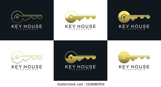 Set of key house logo design collection with golden gradient color style Premium vektor