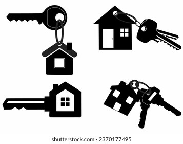 set of key icon silhouettes with house hanger