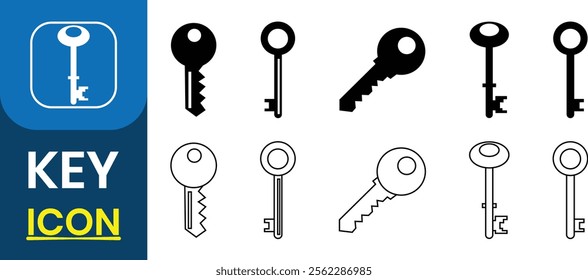 Set of Key icon vector. Set of different types house keys icon. Lock or unlock sign. Private access sign, safety, symbol. Security, privacy, silhouette door icon. Vector illustration.