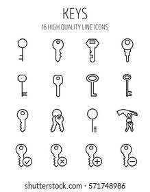 Set of key icons in modern thin line style. High quality black outline access symbols for web site design and mobile apps. Simple key pictograms on a white background.
