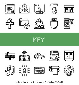 Set of key icons. Such as Encrypt, Ankh, Lock, Secure, Password, Mechanic, Flash drive, Piano, Fingerprint identification, Musical notes, Music, Hotel, Car, Keyboard , key icons