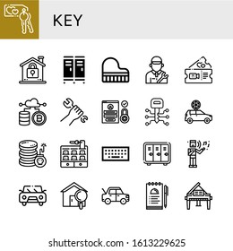 Set of key icons. Such as Key, Lock, Locker, Grand piano, Mechanic, Romantic, Cryptocurrency, Wrench, Login, Car, Cyber attack, Hotel, Keyboard, Musical, House, Notes , key icons