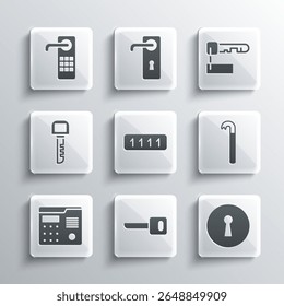 Set Key, Keyhole, Crowbar, Password protection, House intercom system, fechadura de porta digital e ícone de chave marcada. Vetor