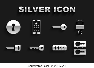 Set Key, Lock and key, Casting keys, Password protection, Keyhole and Mobile graphic password icon. Vector