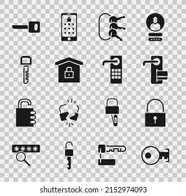 Establece la tecla, la cerradura, la cerradura de la puerta digital, el conjunto de teclas, la casa bajo protección y el icono. Vector