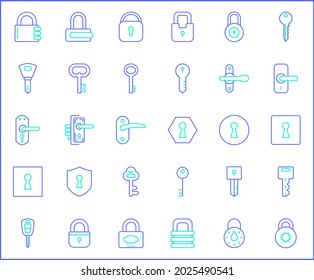Set of key and Lock icons line style. It contains such Icons as door handle, knob, keyhole, safety, entrance, closed, protection, private, security and other elements.