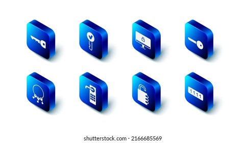 Set Key, Lock on computer monitor, Password protection, Safe combination lock, Digital door, Bunch of keys and  icon. Vector