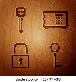 Coloque la llave , la llave , la cerradura y la caja fuerte en el fondo de madera. Vector