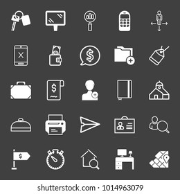 set of key, mirror, search stats, phone, direction, touchscreen, wallet, dollar, add folder, price tag, case, bill, notebook, estate, printer, chat, badge, business flag, map pin,stopwatch vector icon