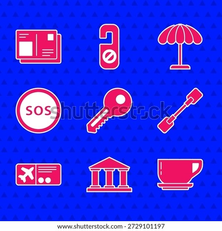 Set Key, Museum building, Coffee cup, Paddle, Airline ticket, Location with SOS, Sun protective umbrella for beach and Passport visa stamp icon. Vector