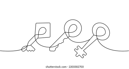 Set of Key one line continuous drawing. Home key continuous one line set illustration. Vector minimalist linear illustration