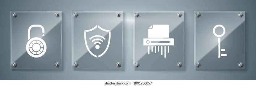 Set Key , Paper shredder confidential, Shield with WiFi wireless internet network and Safe combination lock wheel . Square glass panels. Vector