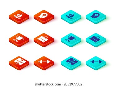Set Key performance indicator, Dumbbell, Award cup, Briefcase, Human with lamp bulb and World expansion icon. Vector