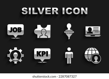 Set Key performance indicator, Laptop with resume, Globe and people, User of, Human gear, Head hunting, Speech bubble job and  icon. Vector