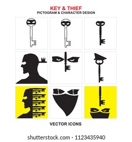 set of key pictograms & logos & signs with character design and combination of key & thief. more sets are available.