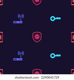 Set Key, Router and wi-fi, UV protection and Smartphone battery charge on seamless pattern. Vector