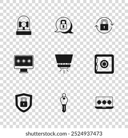 Set Key, Safe, Laptop with password, Fire sprinkler system, Lock, Ringing alarm bell, and Monitor icon. Vetor