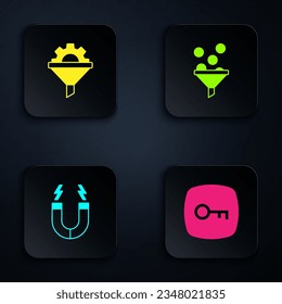 Set Key, Sales funnel with gear, Magnet and Lead management. Black square button. Vector