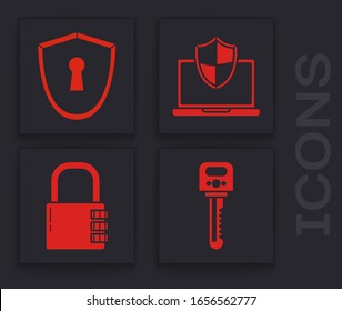 Set Key , Shield with keyhole , Laptop protected with shield and Safe combination lock  icon. Vector
