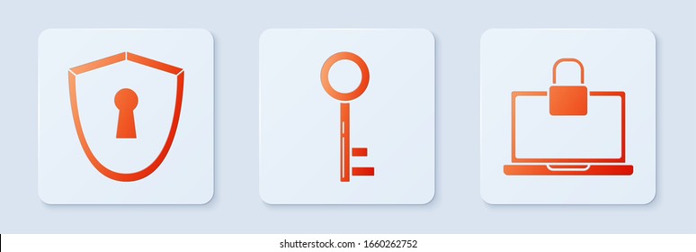 Set Key , Shield with keyhole  and Laptop and lock . White square button. Vector