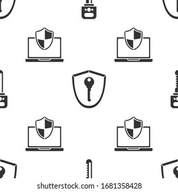 Set Key , Shield with key  and Laptop protected with shield on seamless pattern. Vector