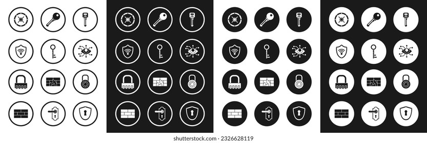 Set Key, Shield with WiFi wireless internet network, Safe, Eye scan, combination lock wheel and icon. Vector