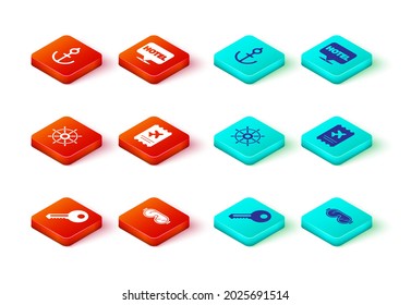 Set Key, Ski goggles, Ship steering wheel, Airline ticket, Location hotel and Anchor icon. Vector