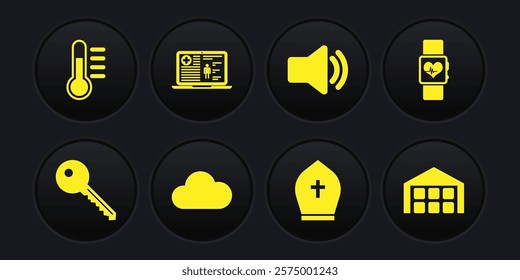 Set Key, Smart watch heart beat rate, Cloud, Pope hat, Speaker volume and Medical clinical record icon. Vector