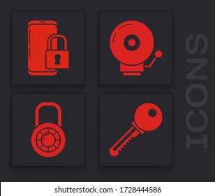 Set Key , Smartphone with closed padlock , Ringing alarm bell  and Safe combination lock wheel  icon. Vector