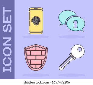 Set Key , Smartphone with fingerprint scanner , Shield with cyber security brick wall  and Protection of personal data  icon. Vector