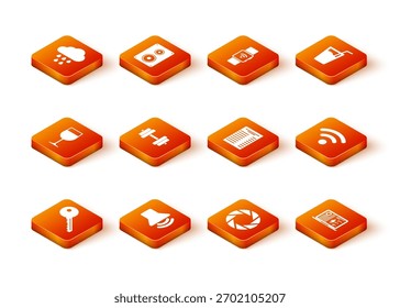 Set Key, Speaker volume, Wine glass, Dumbbell, Camera shutter and Paper or financial check icon. Vector