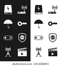 Set Key, Umbrella, Power bank, Router and wi-fi, Gamepad and UV protection icon. Vector