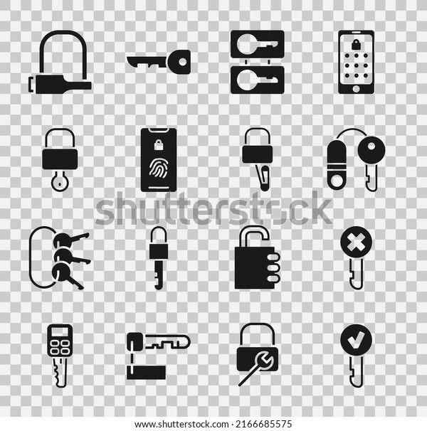 Set Key, Wrong key, House with, Casting keys,\
Mobile fingerprint scan, Lock and, Bicycle lock and picks for\
picking icon. Vector