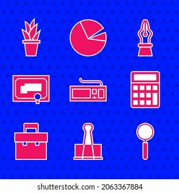 Set Keyboard, Binder clip, Magnifying glass, Calculator, Briefcase, Certificate template, Fountain pen nib and Plant pot icon. Vector