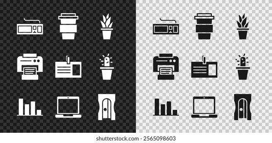 Set Keyboard, Coffee cup to go, Plant in pot, Pie chart infographic, Laptop, Pencil sharpener, Printer and Identification badge icon. Vector