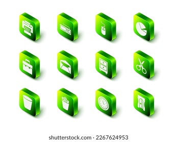 Set Keyboard, Computer mouse, Pie chart infographic, Scissors, Pencil sharpener, Drawer with documents, Clock and Full trash can icon. Vector