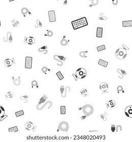 Set Keyboard, Electric plug, Web camera and USB cable cord on seamless pattern. Vector