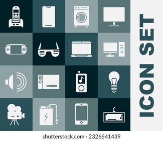 Set Keyboard, Light bulb with concept of idea, Computer monitor, Washer, Smart glasses, Portable video game console, Telephone and Laptop icon. Vector