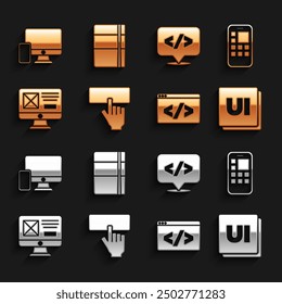 Set Keyboard, Mobile Apps, UI or UX design, Front end development, Monitor and mobile and Sketchbook album icon. Vector